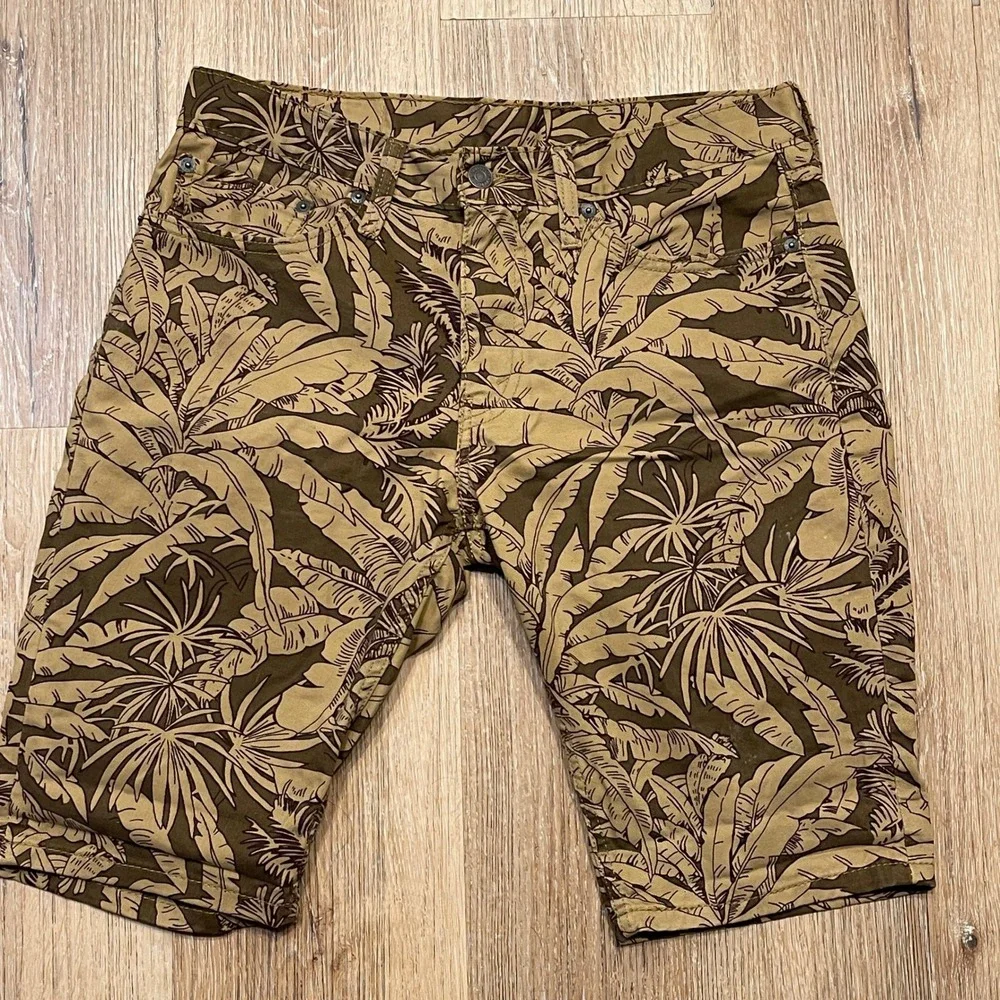 Levis 511 Slim Fit Shorts Mens 32 Green Tan Tropical Palm Leaf Print Safari